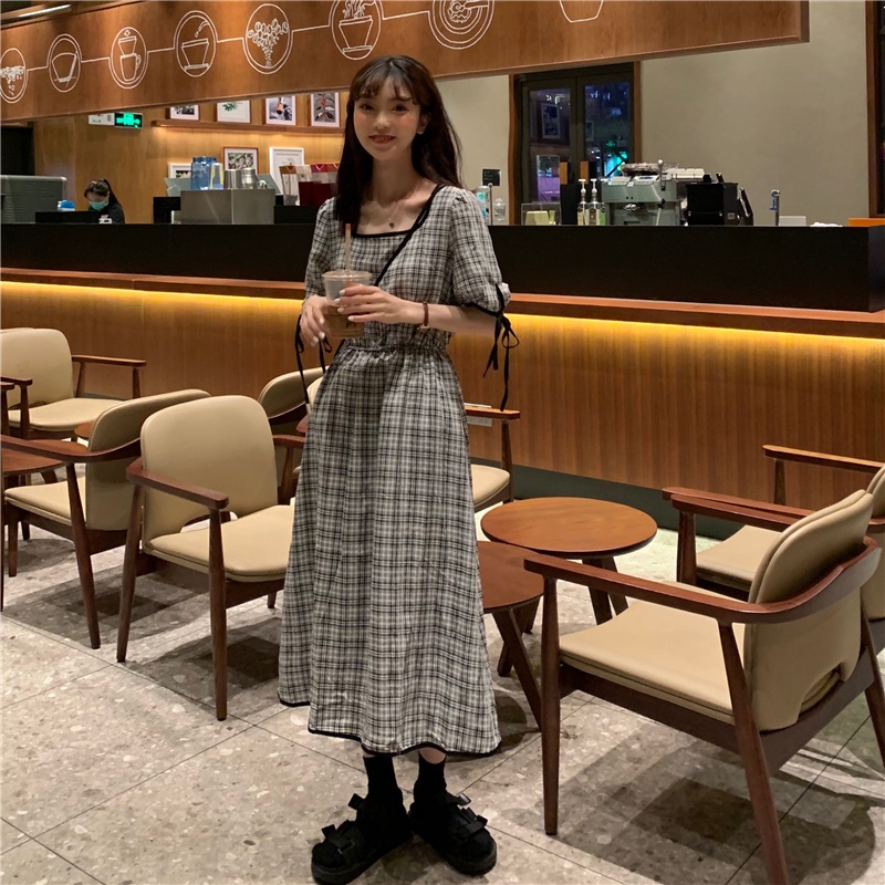 Đầm midi tay ngắn in sọc caro thời trang Hàn Quốc cho nữ