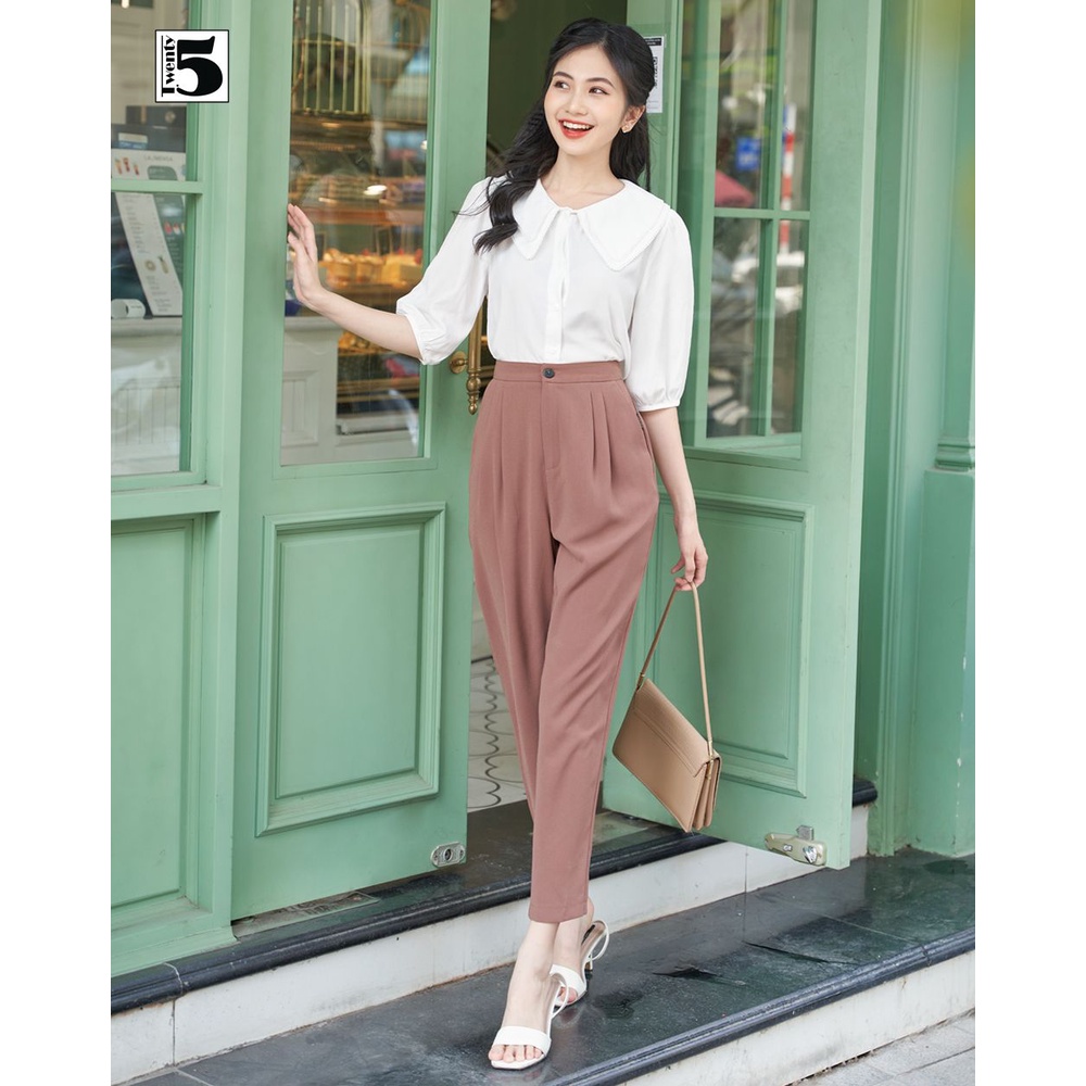 Áo sơ mi công sở nữ kẻ cổ sen viền ren hạt nữ tính Twentyfive T1107