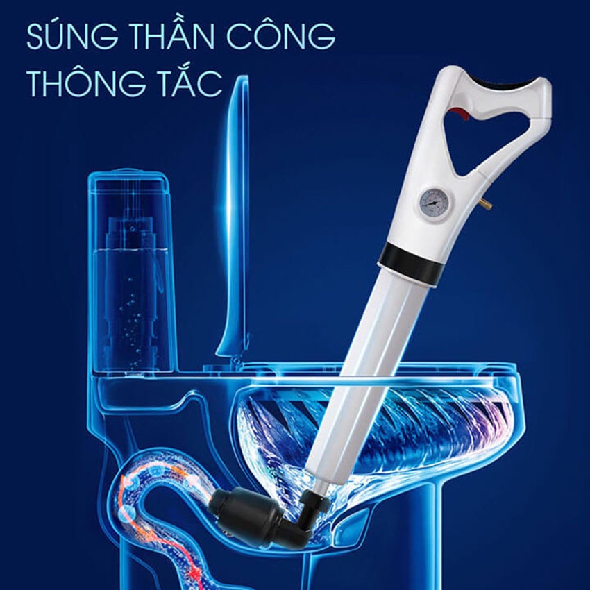 Súng thần công thông tắc bồn cầu, Dụng cụ thông tắc bồn cầu bằng khí nén siêu mạnh áp lực 8 Bar cho Toilet, đường ống