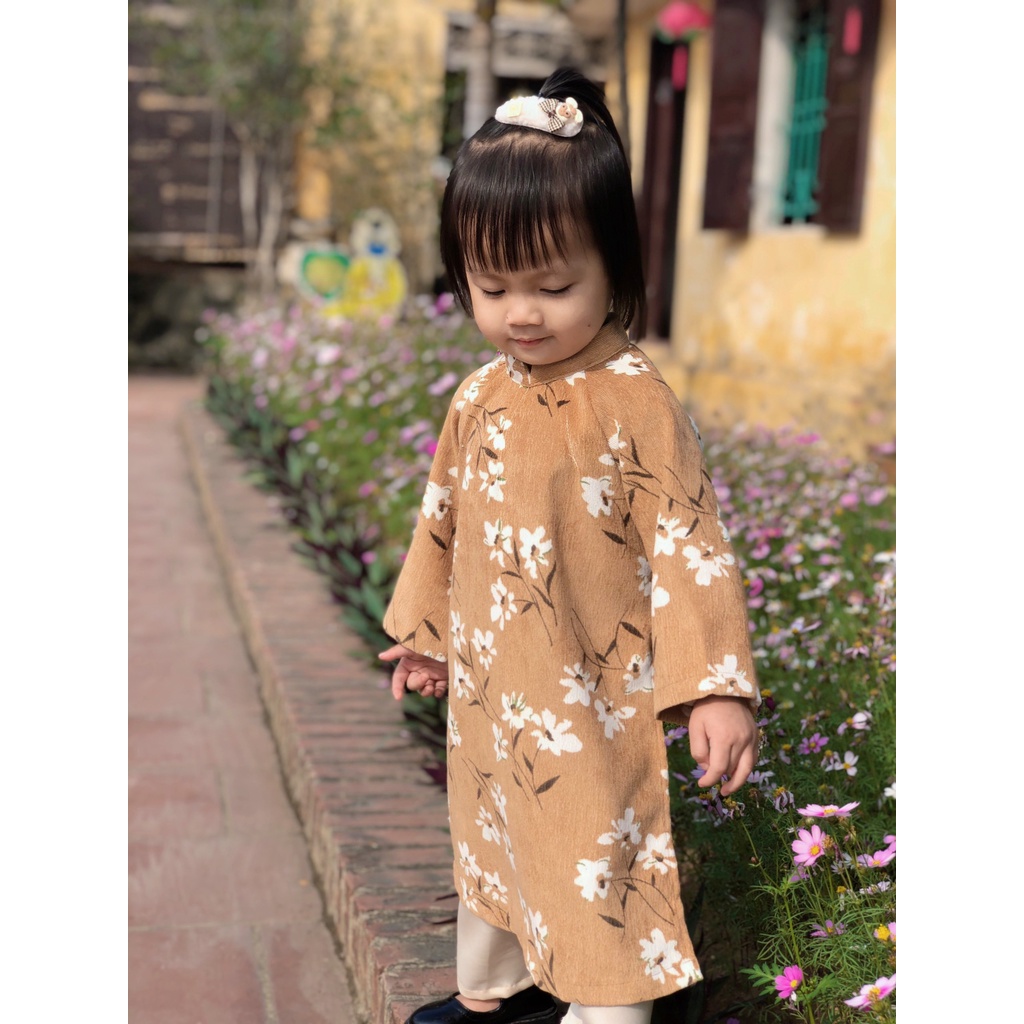 Xả hàng - Ảnh thật- Áo dài nâu phối hoa cho bé diện tết