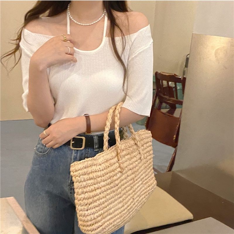 Áo Thun Dệt Kim Dáng Ngắn Phối Dây Buộc Cổ Dễ Phối Đồ