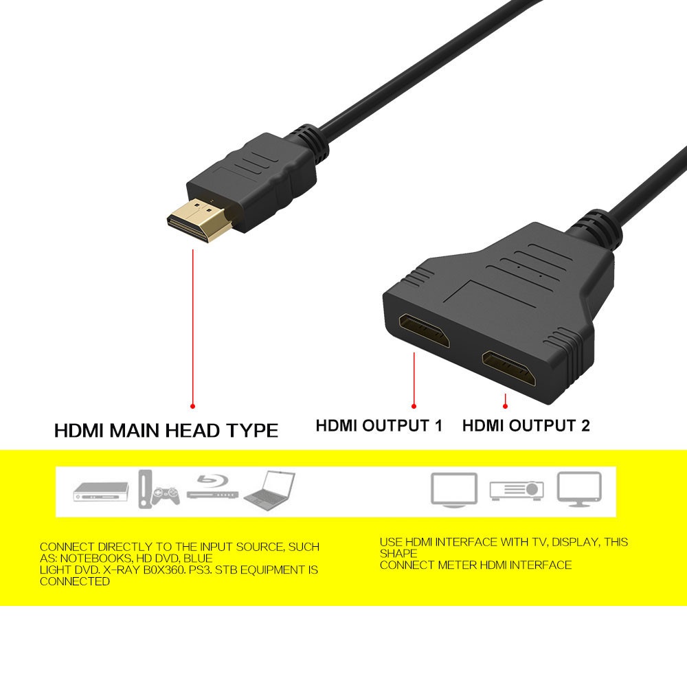 Bộ Chia HDMI 2 Chiều; 1 Trong 2 Ra. Kết Nối 2 màn hình hoặc là TV. Cáp Chia 2 Cổng HDMI Mạ Vàng