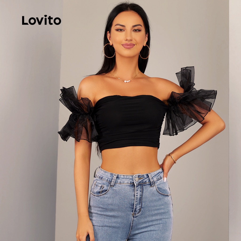 Lovito Áo Kiểu Trễ Vai Nhún Bèo Màu Đen Thời Trang Gợi Cảm L20D1004