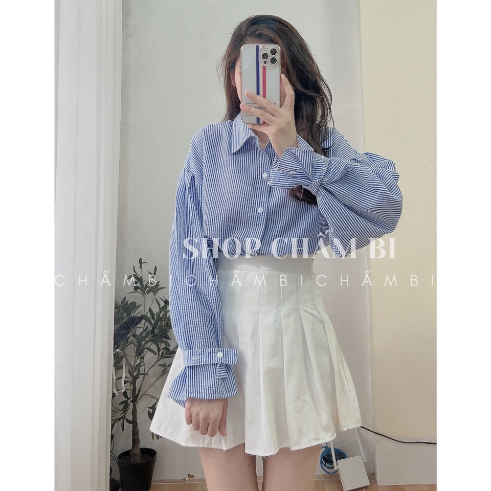 Áo sơ mi ulzzang A.292, Áo sơ mi kẻ sọc xanh cổ đức đuôi tôm tay xòe cách điệu form rộng