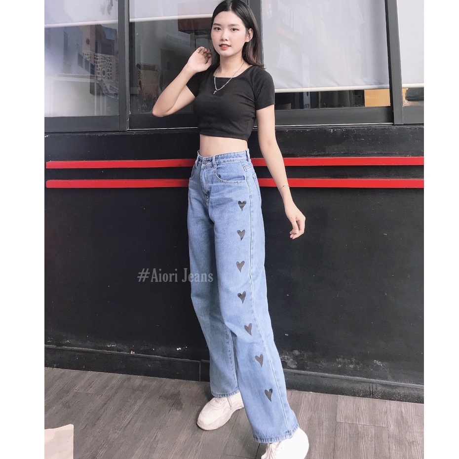 Quần Jeans Nữ - Quần Jean Ống Suông Lưng Cao, Jeans Ống Rộng Cao Cấp, Họa Tiết In Trái Tim Đen, Vải Mềm Mịn, Thoáng Mát