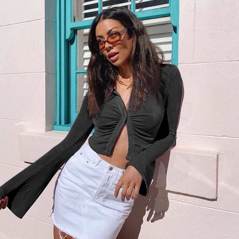 Áo sơ mi croptop tay loe xếp ly, Áo sơ mi kiểu (Xanh bơ - Tím - Đen)