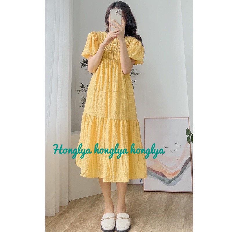 Đầm  xốp nhăn dập ly dọc váy tay bồng nhiều màu