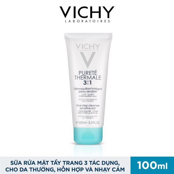 VICHY SỮA RỬA MẶT TẨY TRANG 3 TÁC DỤNG DÀNH CHO DA THƯỜNG, DA HỖN HỢP DA NHẠY CẢM - PURETE THERMALE 3 IN 1 100ML