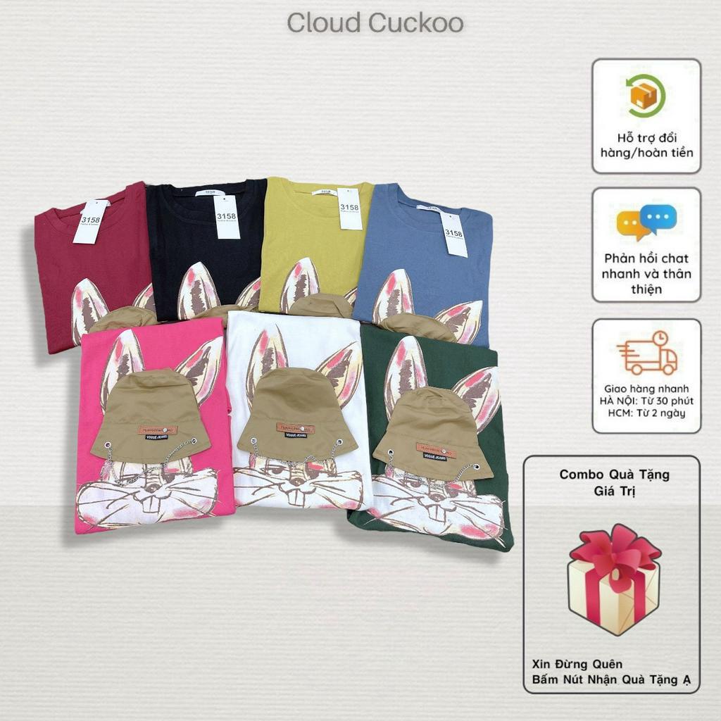 Áo Thun Nữ Hình Thỏ Đôi Mũ Hình Thêu Nổi Cá Tính Chất Cotton Khô Bền Đẹp