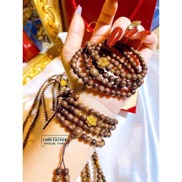 VÒNG TRẦM 108 HẠT MIX SEN BI BẠC MẠ VÀNG