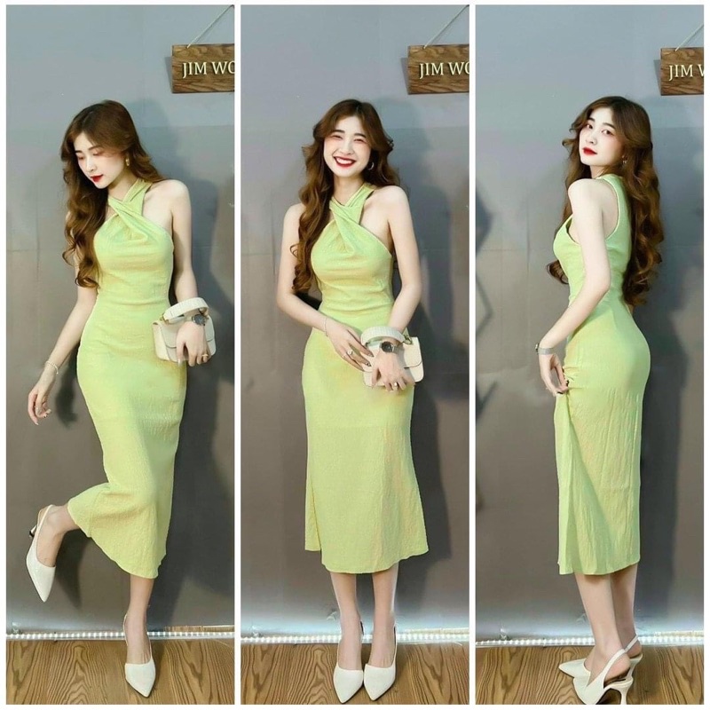 Đầm đũi vân cổ chéo có mút ngực, khoá kéo sau có lót thun dày dặn