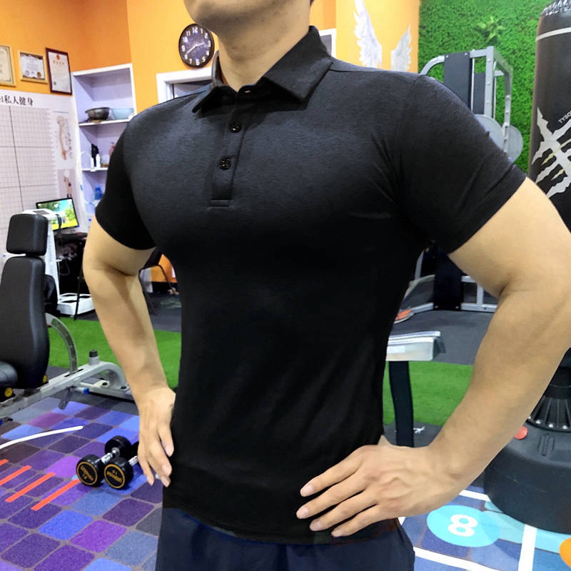 Fitness Coach Work Clothes Tight Trendy Polo Shirt Muscle Quick-Drying Exercise T-Shirt Men's Slim Fit Stretch Short Sleeve T-Shirt