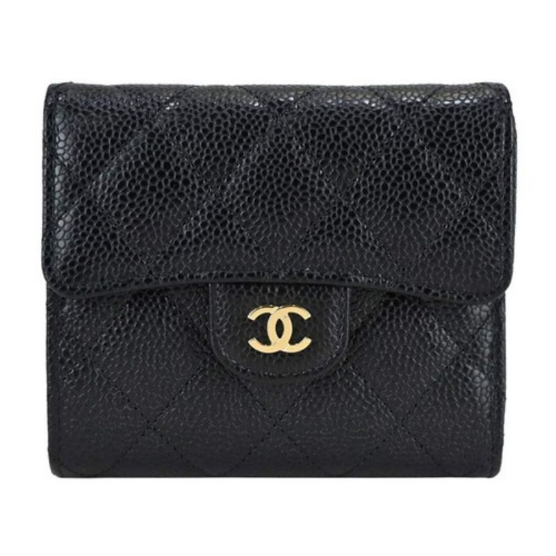 Ví Chanel Classic Double C Metal Diamond Calfskin Flap Tri-Fold Short Màu Đen