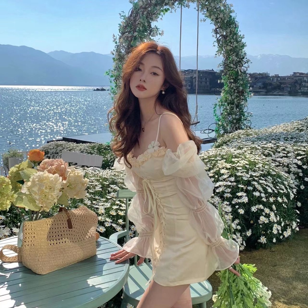 Cổ Phiếu Sẵn Sàng❣Ah F &amp; X Đầm Ống Tay Phồng Xuyên Thấu Dáng Ôm Phối Dây Buộc Thời Trang Mùa Hè Quyến Rũ 2022 Dành Cho Bạn Nữ