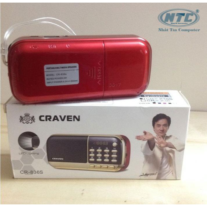 Loa đa năng Craven CR-836s FM/Thẻ nhớ/USB/Tai nghe/Đèn Pin - dung lượng 4400mah (Đen đỏ)
