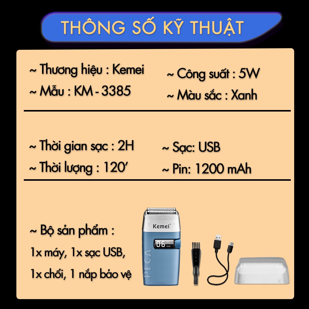 Máy cạo râu khô Kemei KM-3385 màn hình LCD thông minh lưỡi kép nổi cạo sạch nhanh sạc USB tiện lợi - Hàng chính hãng