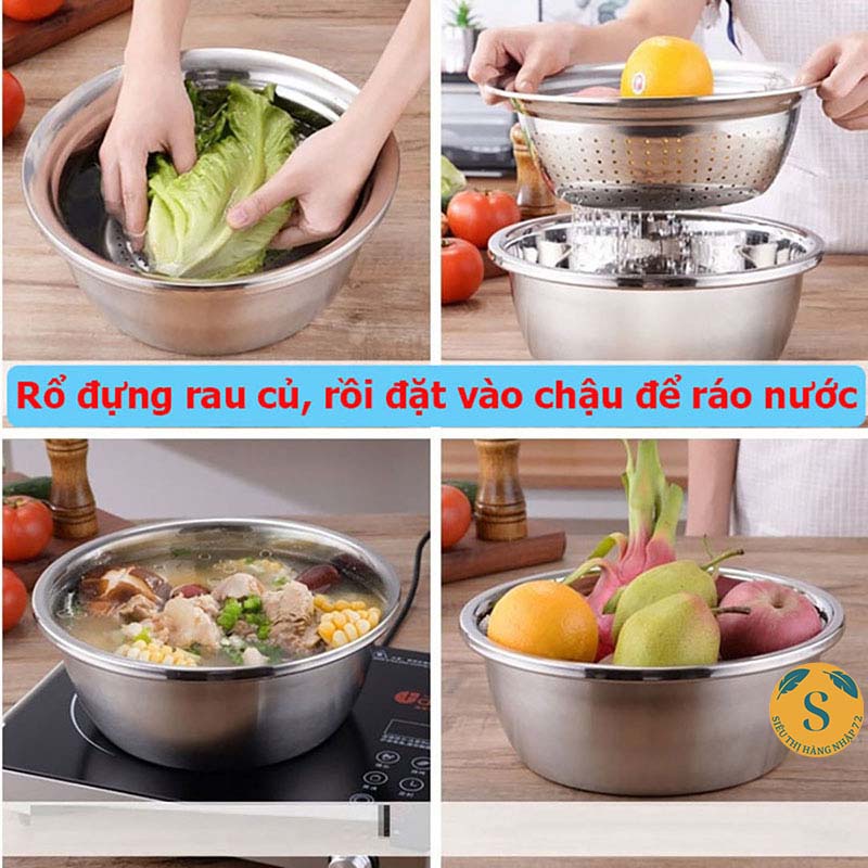 Bộ Thau Rổ Bào Rau Củ Inox Không Rỉ 3 Món (Thau + Rổ + Mặt Bào) [RỔ 3]