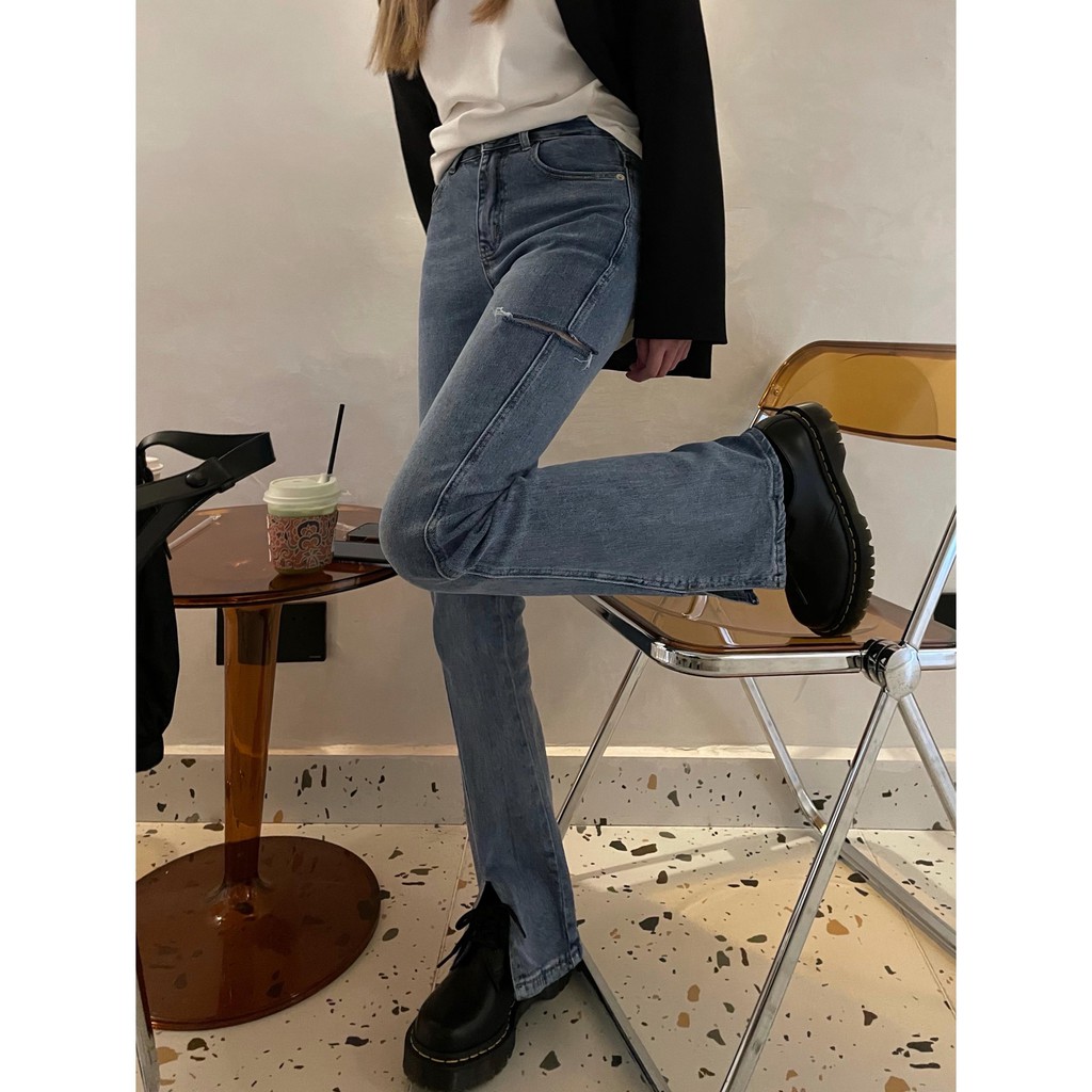 Quần Jeans Nữ Lưng Cao Ống Rộng Xẻ Tà Thời Trang 2021
