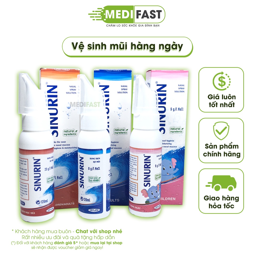 Xịt rửa mũi Sinurin của dược Cát Linh từ muối biển cho bé từ 3 tháng và người lớn lọ 120ml