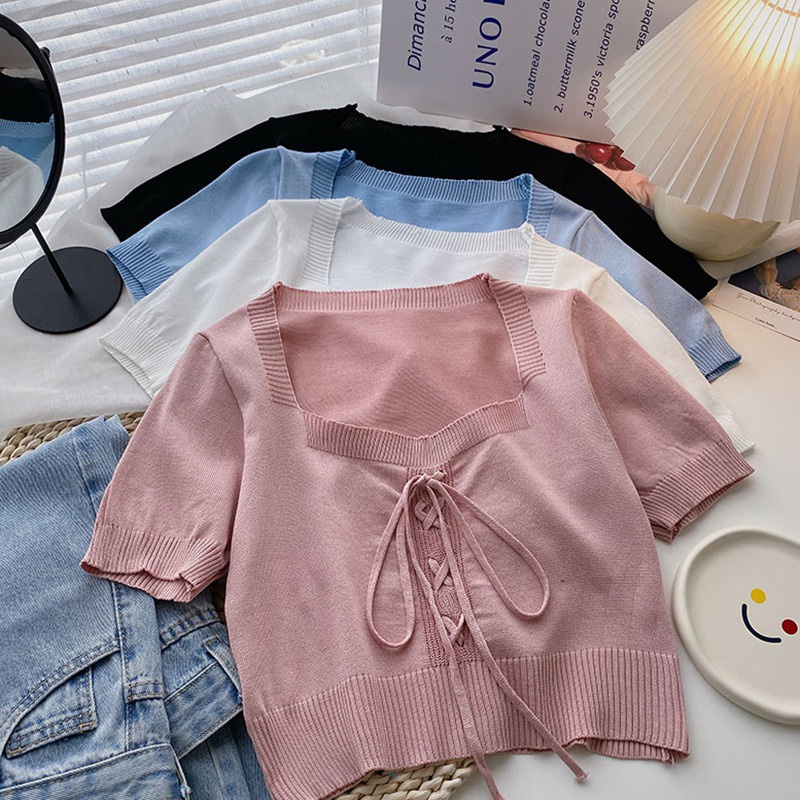 Áo Croptop Dệt Kim Cổ Vuông Màu Sắc Đơn Giản Cho Nữ