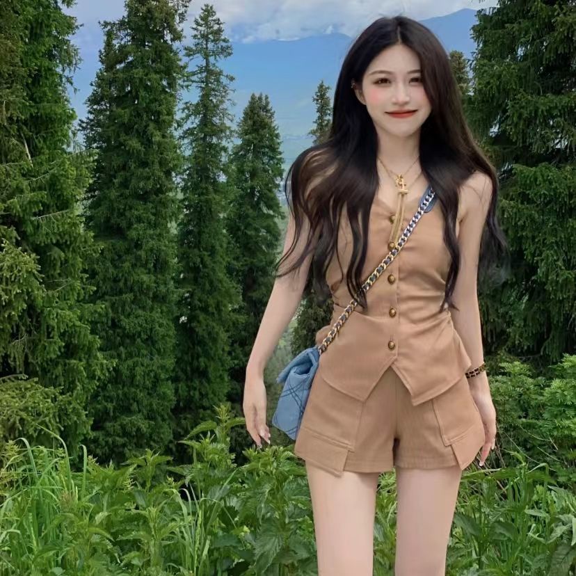 2022 summer fashion hot girls wear chest button vest female minority slim blouse + suit shirt and shorts set