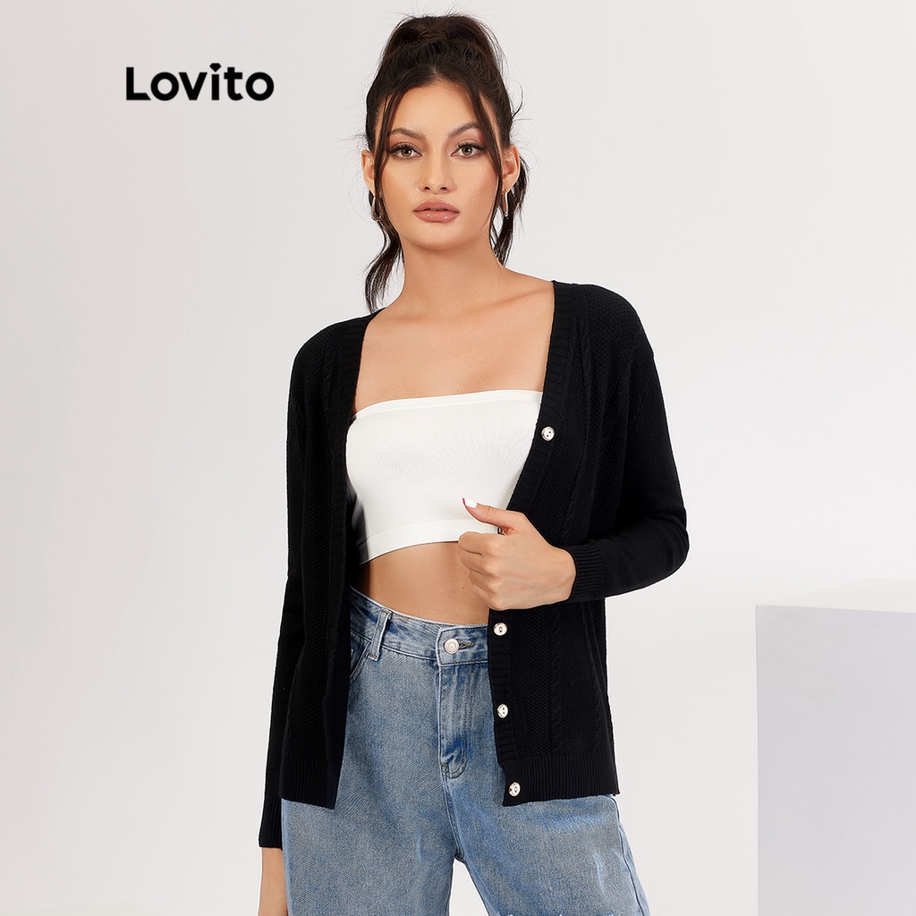 Áo cardigan Lovito màu trơn vải dệt jacquard phối nút cài phong cách thường ngày L18X301 (Màu đen)