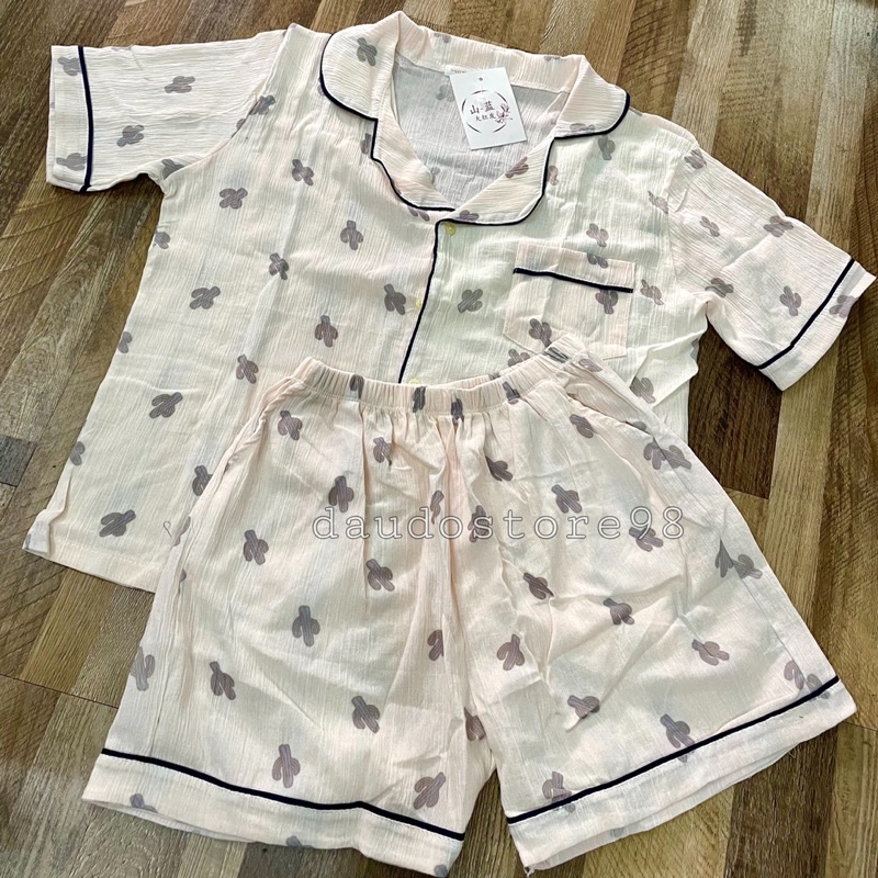 [ẢNH THẬT/CLIP] Bộ đồ ngủ nữ Bộ đồ ngủ Pyjama chất liệu đũi xốp hoạt hình ngắn tay quần đùi short