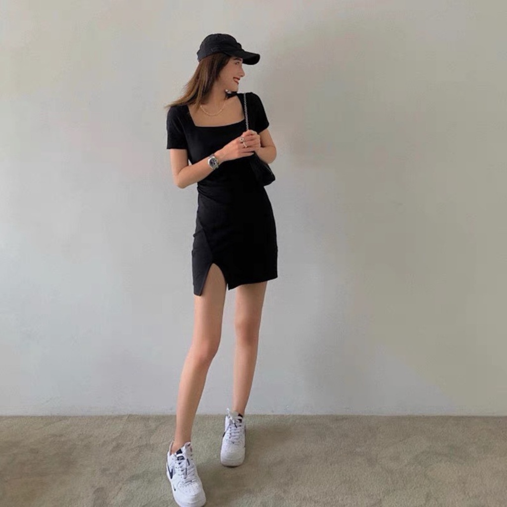 Đầm cổ vuông xẻ trước dáng ôm body màu đen sexy cá tính freesize &lt; 53kg