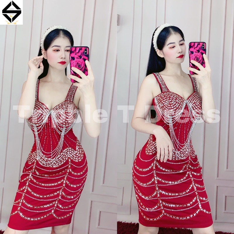 Đầm body dự tiệc kết cườm sang trọng TRIPBLE T DRESS - size M/L ( kèm ảnh/video thật) MS151Y