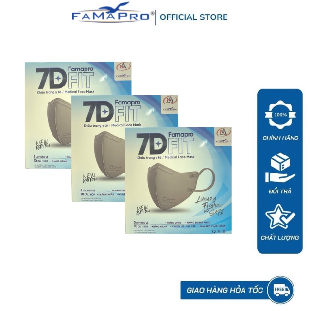 [Combo 3 hộp ]Famapro 7D FIT  Khẩu trang y tế cao cấp kháng khuẩn 5 lớp (10 cái/ hộp)