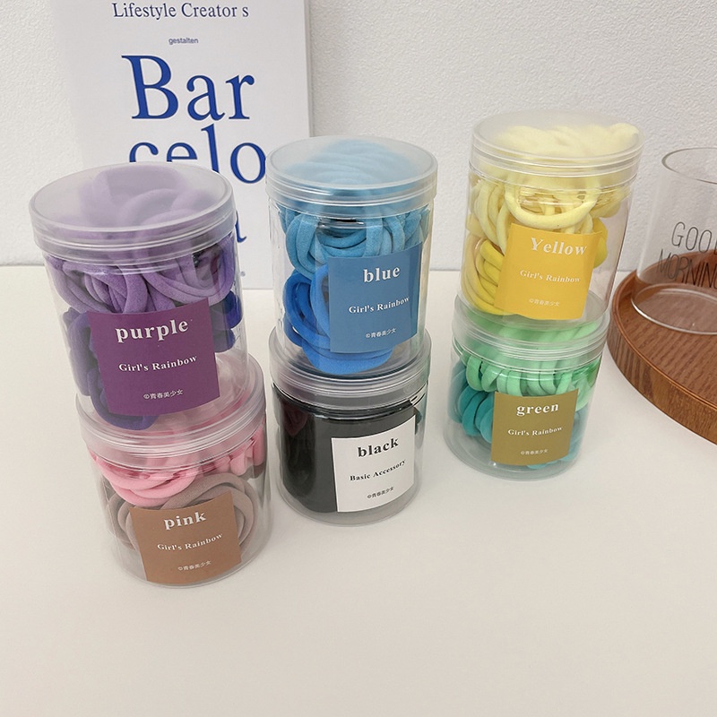 Hộp 20 buộc tóc phối màu cá tính, dây buộc tóc trơn kèm ống đựng trong suốt