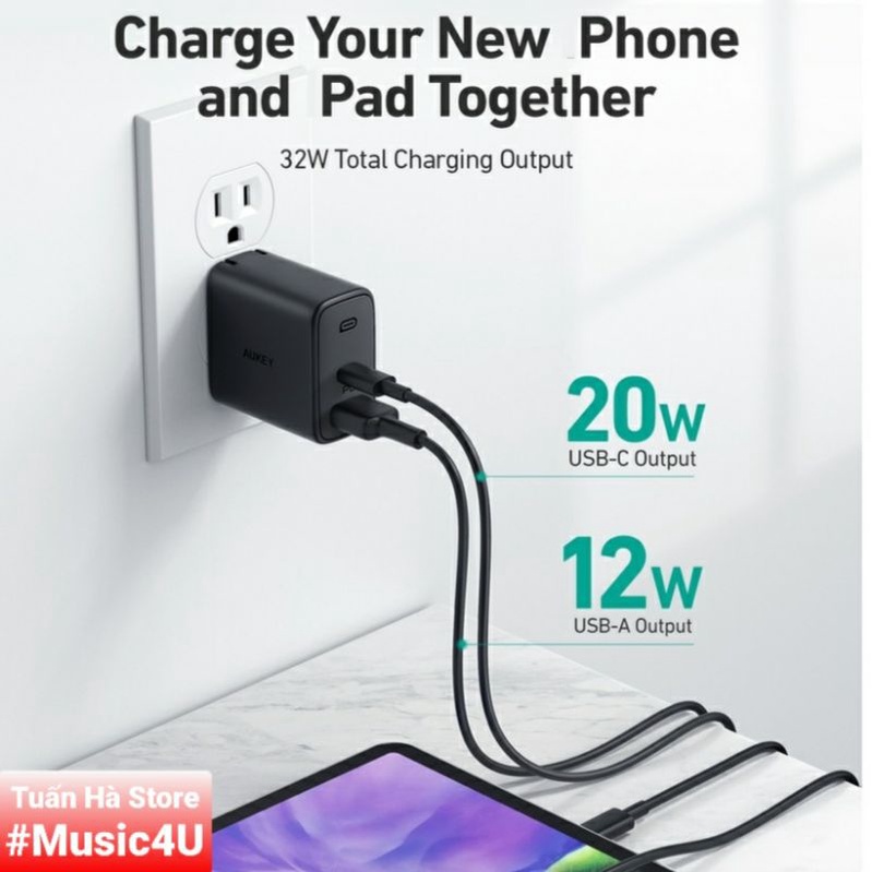 Củ sạc siêu nhanh Aukey PD PA-F3S 32W USB Type C cho IP 12 13 Pro Max S21 S20 Note 20 Tuấn Hà Store