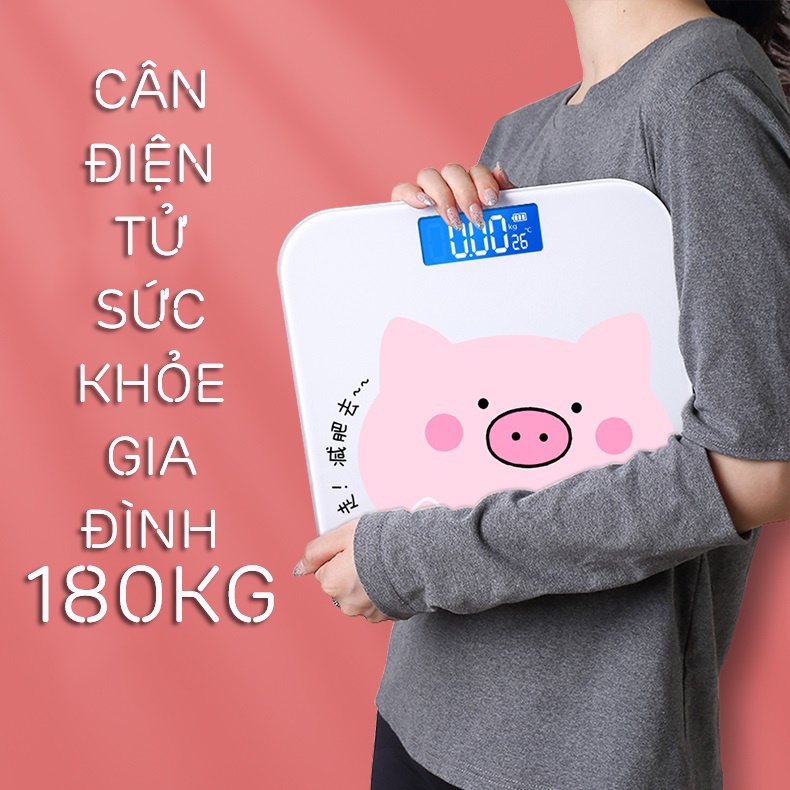 Cân sức khỏe gia đình chuẩn xác - Cân điện tử sức khỏe hình chú heo xinh xắn thay pin dễ dàng 180kg (CCH02)