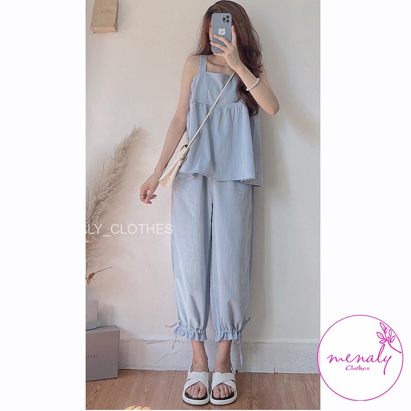 Set bộ nữ áo 2 dây babydoll bản to quần bom nữ SE031, mẫu set bộ mặc được 2 kiểu quần suông hoặc rút dây