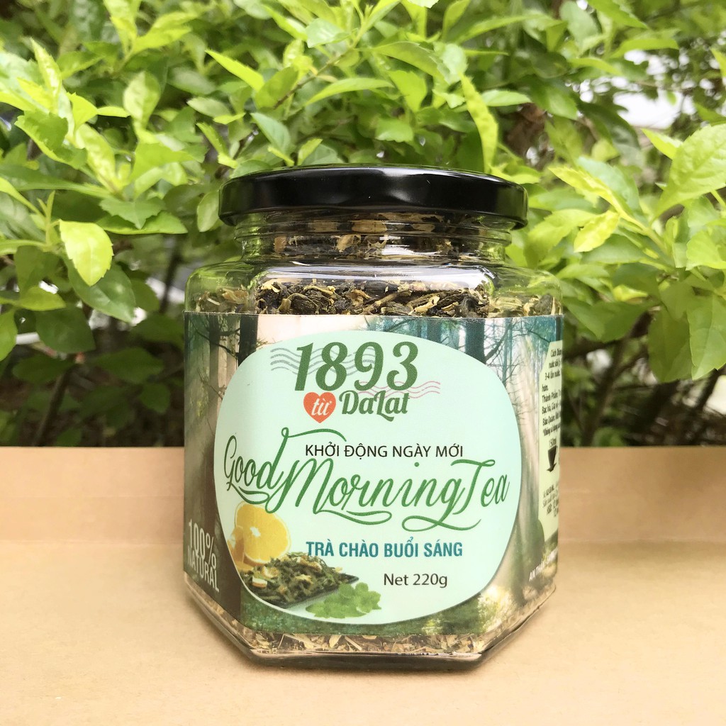 Trà chào buổi sáng Good Morning Tea Trà Hoa Đà Lạt 1893 hộp thủy tinh lớn 220gr