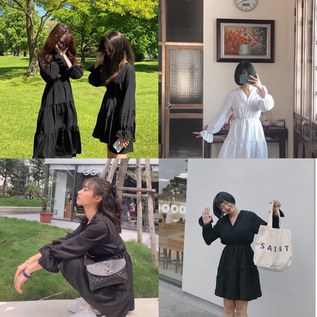 Váy babydoll nữ dáng dài ngắn trắng đen đôi bạn thân E2 thời trang nữ emmei | BigBuy360 - bigbuy360.vn