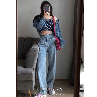 Cocorygirl Quần jeans ống rộng thiết kế lưng cao phong cách retro cá tính thời trang đường phố cho nữ