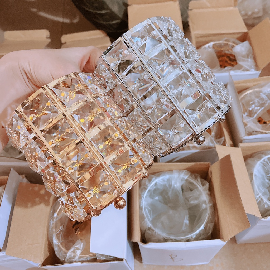 Ống cắm cọ trang điểm ốp đá pha lê cao cấp màu vàng và bạc sang trọng