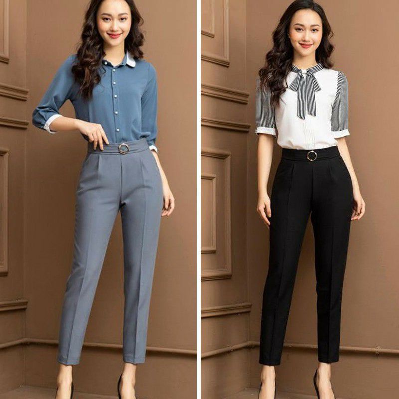 Quần âu nữ công sở nữ lưng cao khuy bấm lệch cài khóa trước phối đai tròn kiểu Dáng Quần baggy nữ Chất mềm đi học sinh