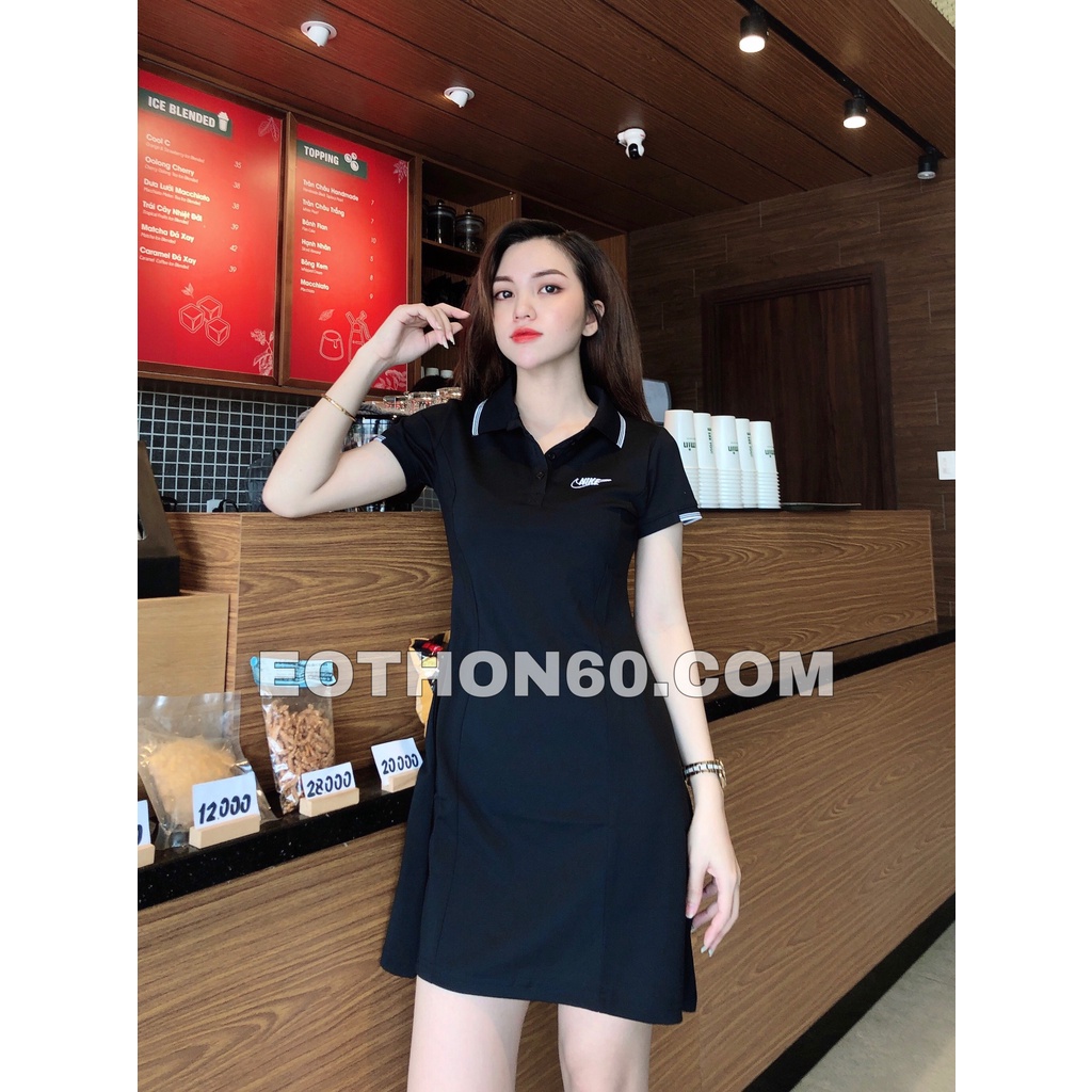 Váy polo cao cấp dáng chữ A phong cách thể thao tay ngắn, váy liền thêu logo Nai