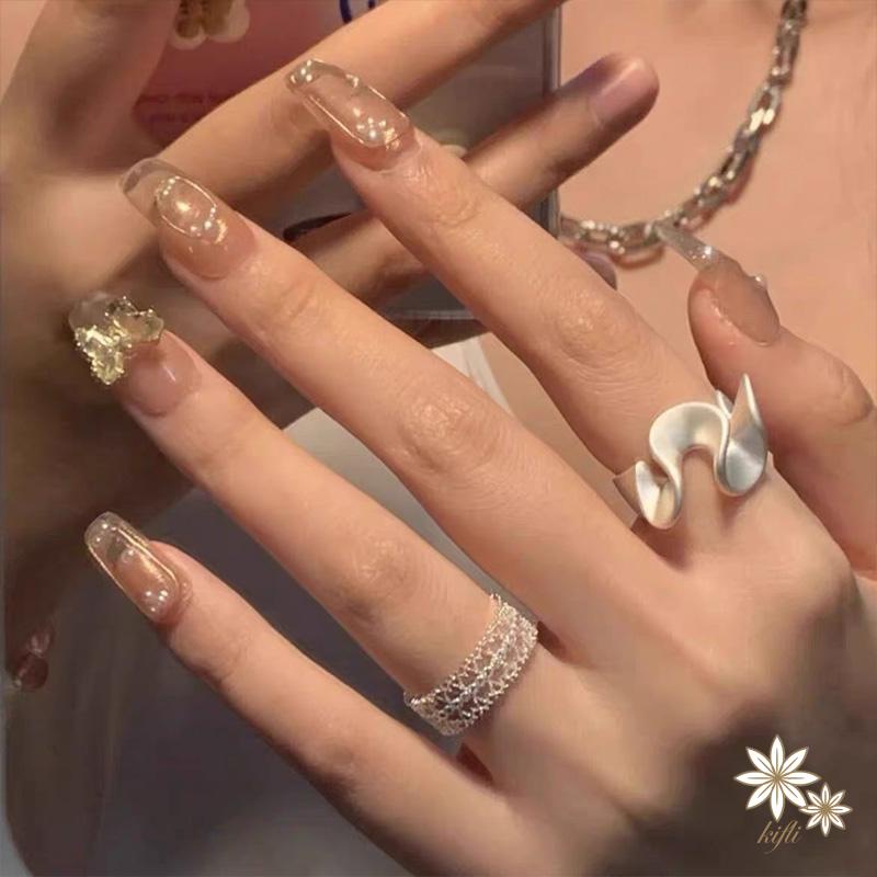 【kifli】Nhẫn Hở Kiểu Gợn Sóng Đính Đá Zircon Có Thể Điều Chỉnh kifli.acc} Cho Nữ Mờ / Matte