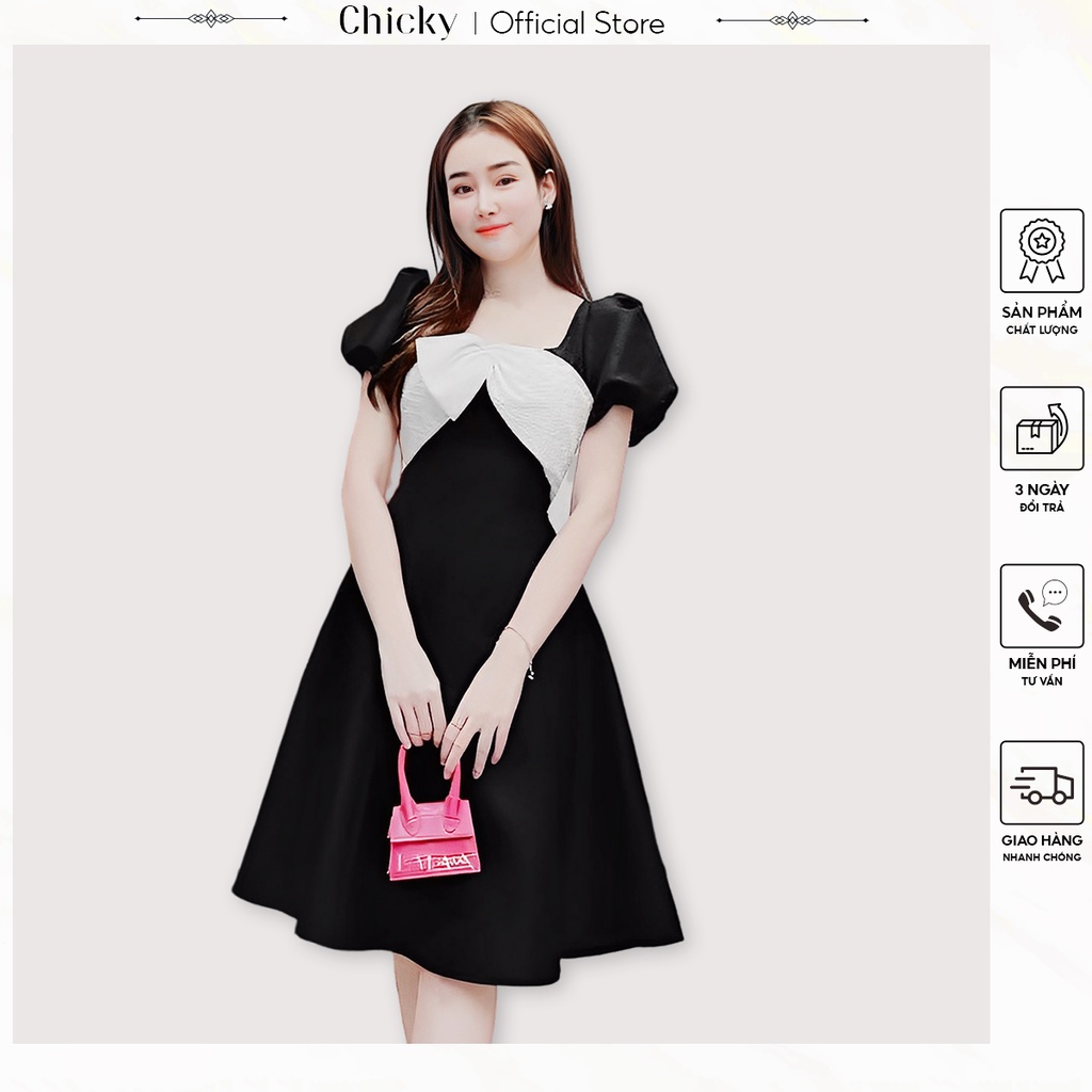 váy đầm nữ dáng xòe cổ vuông tay phồng phối nơ trước ngực sang chảnh(có mút)