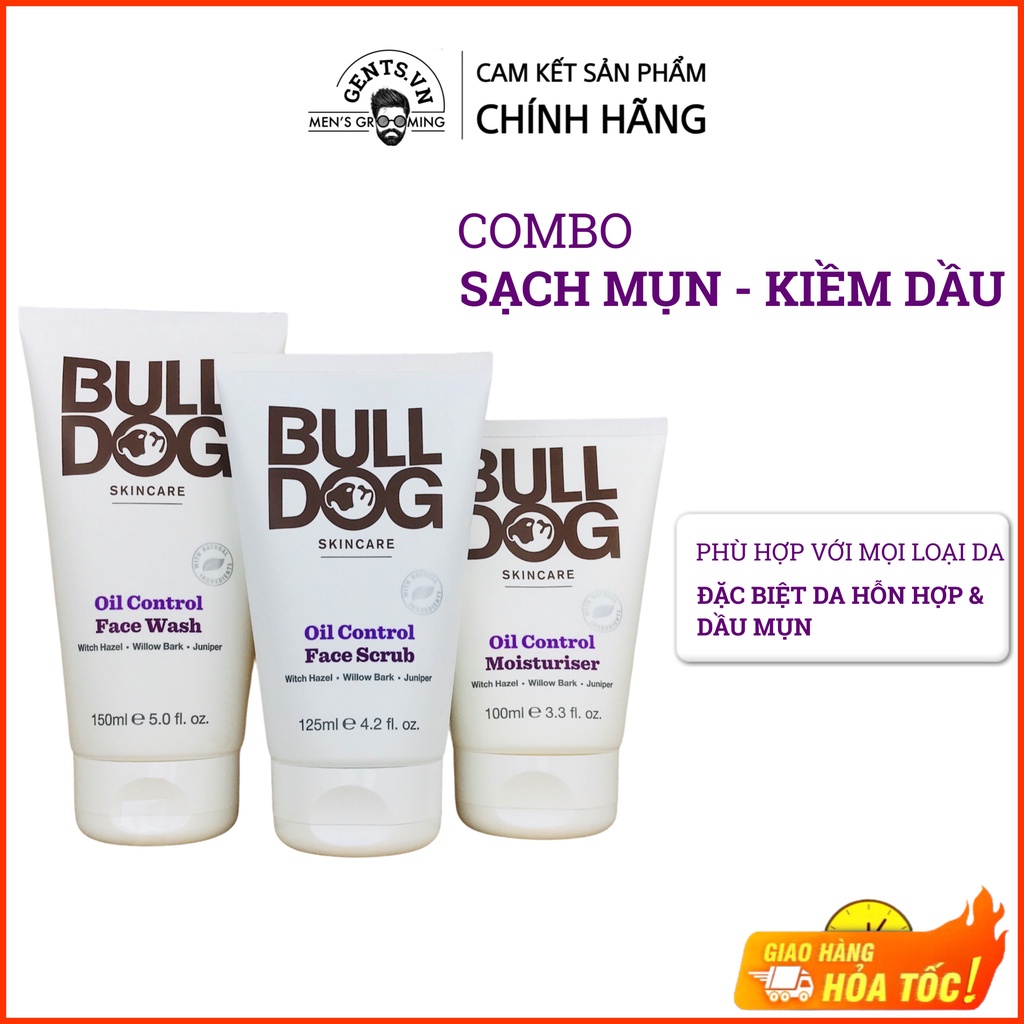 Combo sữa rửa mặt, tẩy tế bào chết và kem dưỡng ẩm cho da dầu mụn nam Bulldog Skincare Oil Control Full Face Kit