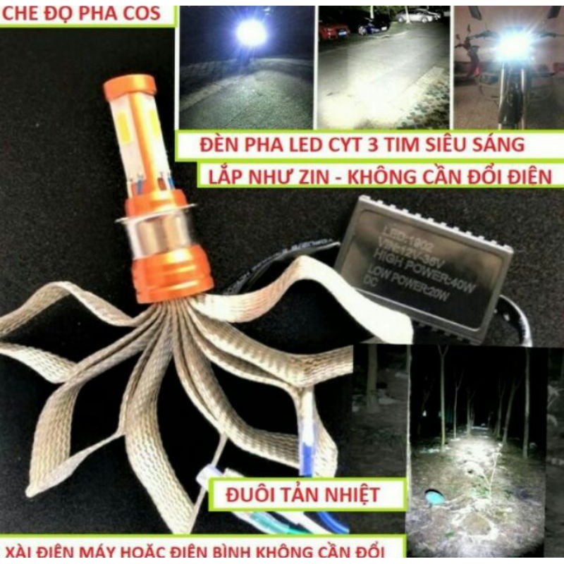 ĐÈN PHA LED ĐUÔI CÔNG 3 TIM XE MÁY XÀI ĐIỆN MÁY VÀ ĐIỆN BÌNH SIÊU SÁNG ĐỒ CHƠI XE