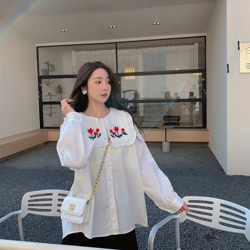 Áo sơ mi SUXI trắng tay dài dáng rộng thêu họa tiết phong cách Hàn Quốc thời trang mùa xuân cho nữ