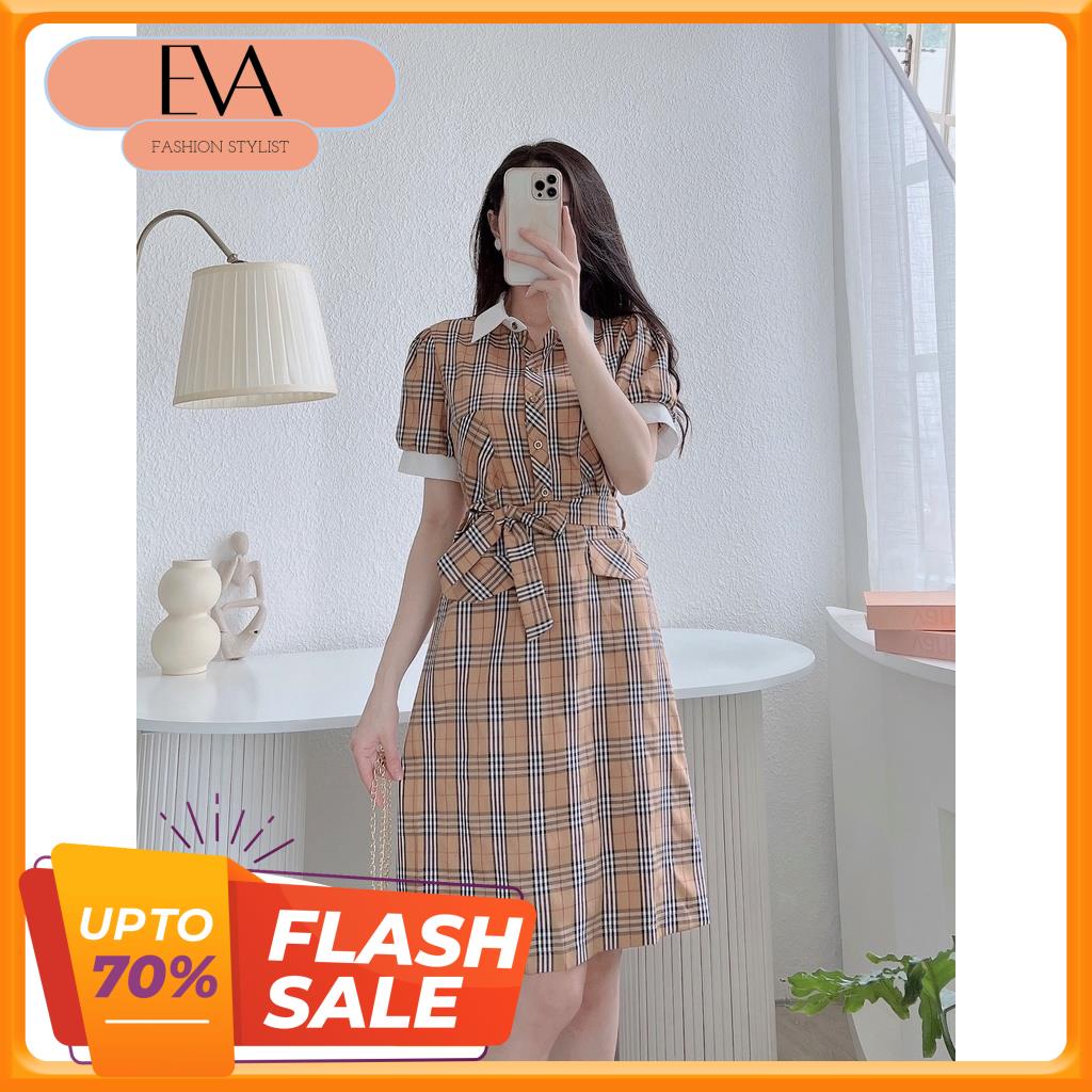 Váy xòe kẻ caro cổ bẻ sang trọng dây thắt eo gọn gàng thoáng mát thiêt kế Evafashion
