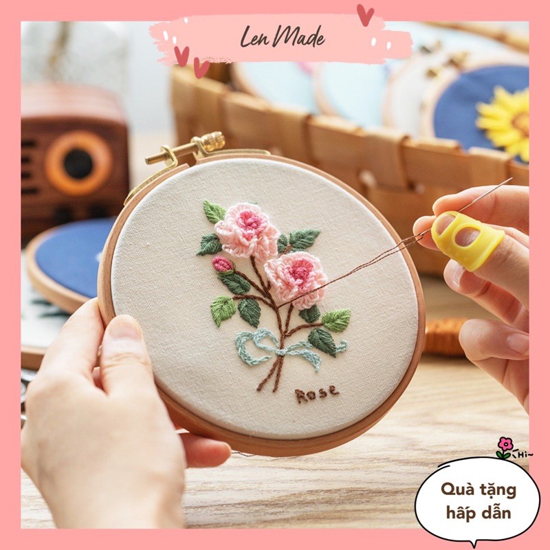 Bộ Kit DIY tập thêu tay hoa Vintage đầy đủ kim chỉ vải thêu thủ công tự làm quà tặng ý nghĩa lenmade