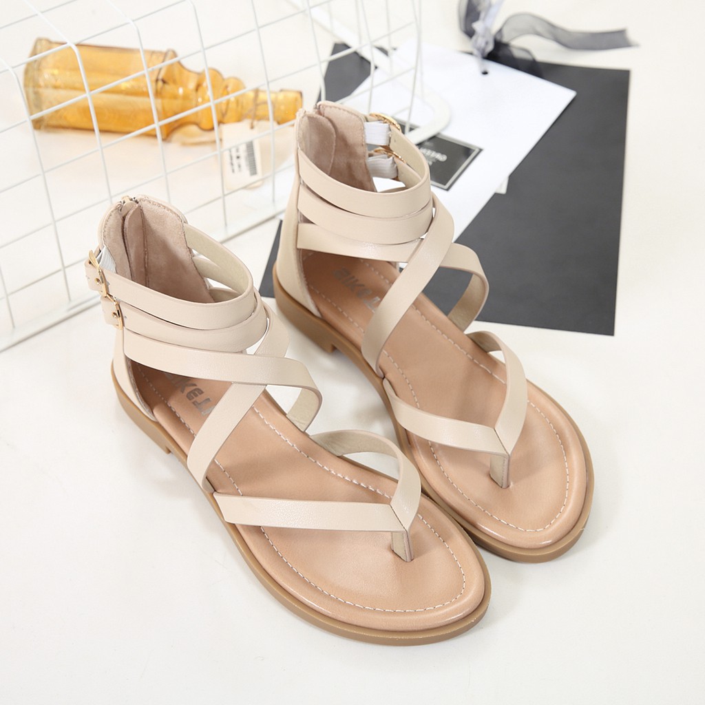 Giày Sandal Da Bóng Đế Thấp Thời Trang Cho Nữ