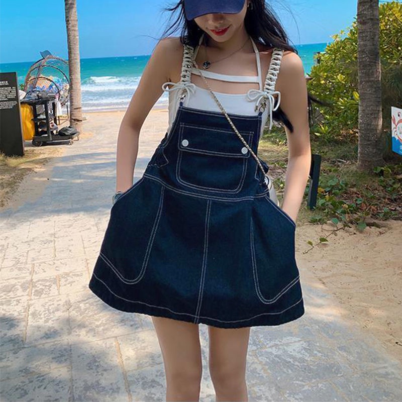 Đầm Denim Dáng Chữ A Lưng Cao Phong Cách Phương Tây Thời Trang Mùa Hè Cho Nữ