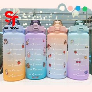 Bình nước 2 lít chia vạch nhắc thời gian uống nước có ống hút cute dễ thương